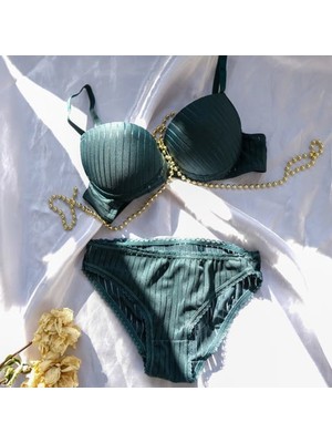 Yeşil Çizgili Sütyen Külot Alt Üst Iç Çamaşırı Takımı - Çeyizlik Gelin Nişan Hediye Yeni Yıl Yılbaşı