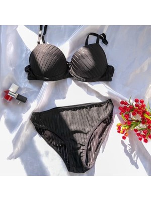 Siyah Çizgili Sütyen Külot Alt Üst Iç Çamaşırı Takım - Çeyizlik Gelin Nişan Hediye