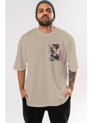 Ankhises Denji Chainsaw Man Ön Sol Baskılı Oversize T-Shirt Erkek Kadın Unisex Pamuk Bisiklet Yaka Tişort