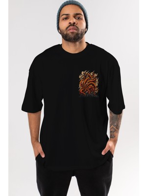 Ankhises Naruto Kyuubı Ön Sol Baskılı Oversize T-Shirt Erkek Kadın Unisex  Pamuk Bisiklet Yaka Tişort