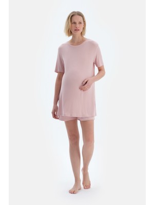 Dagi Açık Pembe Kaşkorse Hamile Tişört Şort Pijama Takımı %95 Viskon Kısa Kollu Rahat Model