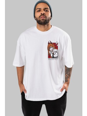 Ankhises Chaınsawman Power Ön Sol Baskılı Oversize T-Shirt Erkek Kadın Unisex  Pamuk Bisiklet Yaka Tişort