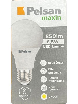 Pelsan 8,5W 2700K (Sarı Işık) E27 Duylu (Kalın Duy) LED Ampul