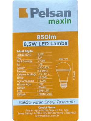 Pelsan 8,5W 2700K (Sarı Işık) E27 Duylu (Kalın Duy) LED Ampul