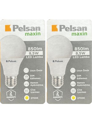 (2 Adet) Pelsan 8,5W 2700K (Sarı Işık) E27 Duylu (Kalın Duy) LED Ampul