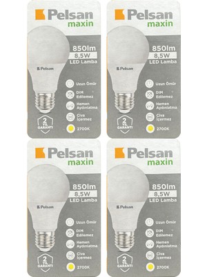 (4 Adet) Pelsan 8,5W 2700K (Sarı Işık) E27 Duylu (Kalın Duy) LED Ampul