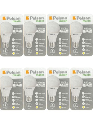 Pelsan (8 Adet) Pelsan 8,5W 2700K (Sarı Işık) E27 Duylu (Kalın Duy) LED Ampul