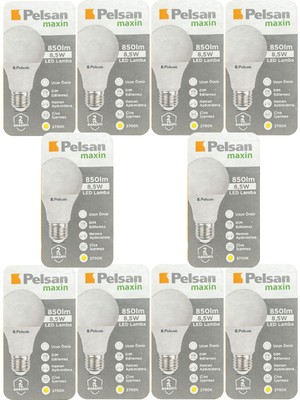 Pelsan (10 Adet) Pelsan 8,5W 2700K (Sarı Işık) E27 Duylu (Kalın Duy) LED Ampul