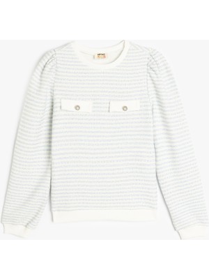 Koton Uzun Kollu Düğme Detaylı Bisiklet Yaka Çizgili Sweatshirt