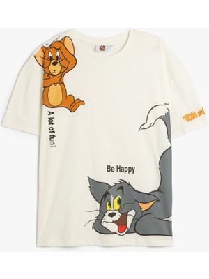 Koton Tom ve Jerry Lisanslı Baskılı Kollu Oversize Tişört