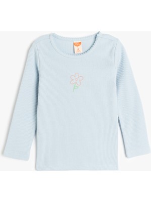 Koton Pamuklu Çiçek Nakış Detaylı Bisiklet Yaka Uzun Kollu Basic Tişört