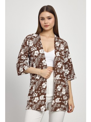 4463A Çiçek Desen Fakir Kol Kimono Kahve