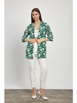 4463A Çiçek Desen Fakir Kol Kimono Zümrüt