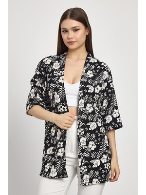 4463A Çiçek Desen Fakir Kol Kimono Siyah