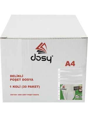 Dosy A4 Poşet Dosya 1 Koli (30 Paket) Şeffaf Renkli 3000 Adet Delikli Dosya