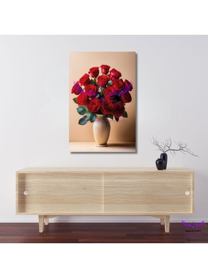 Abart Art Tekli Dikey Kanvas Duvar Tablosu Krem Rengi Vazoda Kırmızı Güller