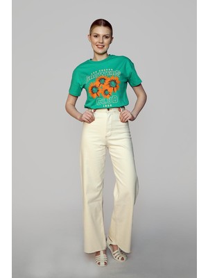 Lee Cooper Tina Normal Bel Rahat Kesim Geniş Paça Ekru Kadın Pantolon