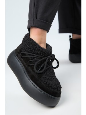 Manijero (Eleni) Kadın  Deri Içi Kürklü Mini Tedy Detaylı Siyah Bot