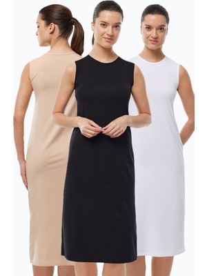 Malabadi Kadın Siyah Beyaz Ten Rengi 3 Lü Set Uzun Kolsuz Elbise Astarı Modal Kombinezon 3M1049