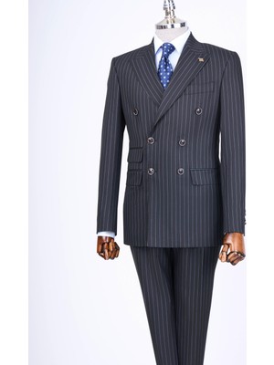 Italyan Stil Slim Fit Çizgili Kruvaze Ceket Pantolon Takım Elbise Lacivert T13198