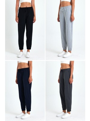 Comeor Kadın Siyah-Lacivert-Gri-Antrasit Pamuklu Kalın Paçası Lastikli Yüksek Bel Rahat Jogger 4'lü Eşofman Altı CMRB95