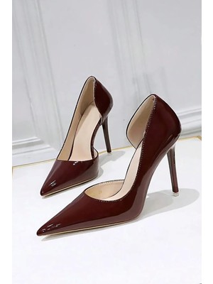Trendy Anka Kadın Bordo Rugan 8cm Ince Şeffaf Kapak Topuklu Stiletto Ayakkabı