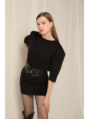 Kadın Süet Kumaş Vatkalı Kemerli Mini Elbise