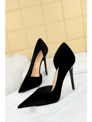 Trendy Anka Kadın Siyah Süet 8cm Ince Şeffaf Kapak Topuklu Stiletto Ayakkabı