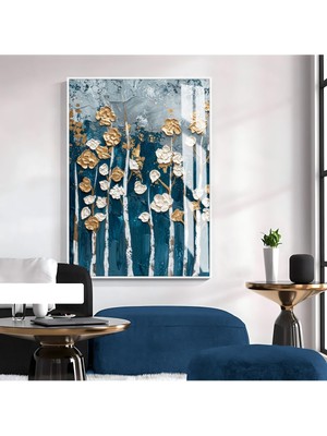 Harikabirev Harikabirev|lacivert-Gold Ağaçlı Soyut Model 1|çerçeveli Temperli Cam Tablo Tekli Dikey