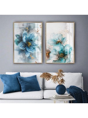 Harikabirev Harikabirev|mavi-Gold Renk Çiçek Kombini|temperli Çerçeveli Cam Tablo  2li Dikey