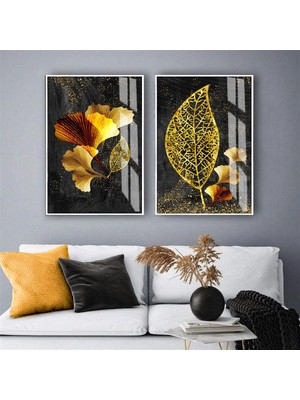 Harikabirev Harikabirev|gold-Siyah Çiçek Yaprak Kombin|temperli Çerçeveli Cam Tablo  2li Dikey