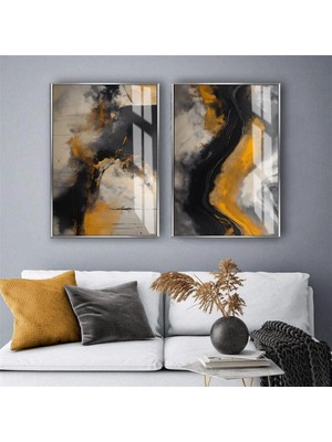 Harikabirev Harikabirev|sarı-Gri-Siyah Soyut Desenli Kombin|temperli Çerçeveli Cam Tablo  2li Dikey