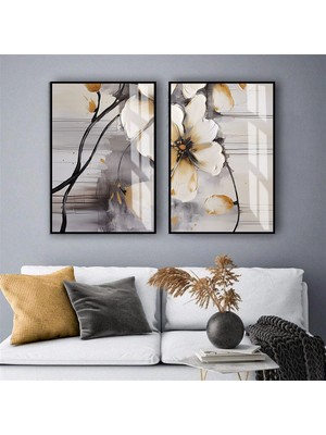 Harikabirev Harikabirev|gri-Gold  Çiçek Kombini Iı |temperli Çerçeveli Cam Tablo  2li Dikey