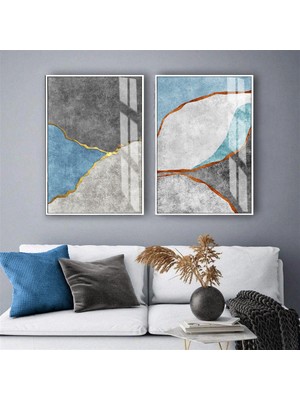 Harikabirev Harikabirev|gri-Mavi-Gold  Soyut Kombini |temperli Çerçeveli Cam Tablo  2li Dikey