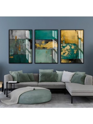 Harikabirev Harikabirev|zümrüt Yeşil Gold Renk Abstract Art |çerçeveli Cam Tablo  3lü Dikey