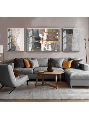Harikabirev Harikabirev|siyah-Gri-Gold Soyut Çiçek Kombini 02 |çerçeveli Temperli Cam Tablo 3lü Yatay