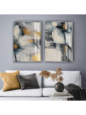 Harikabirev Harikabirev|gri-Sarı Renk Soyut Çiçek Kombini |temperli Çerçeveli Cam Tablo  2li Dikey