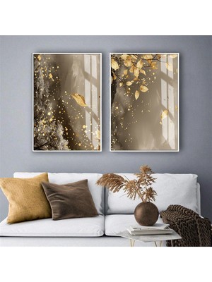 Harikabirev Harikabirev|kahverengi-Gold Soyut Yaprak Kombini|temperli Çerçeveli Cam Tablo  2li Dikey