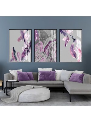 Harikabirev Harikabirev|gri-Mor Soyut Tüy Kombin Seti |çerçeveli Cam Tablo  3lü Dikey