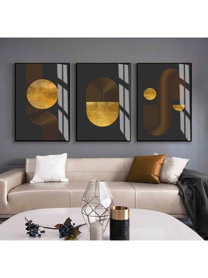 Harikabirev Harikabirev|gold-Siyah Soyut Bohem Kombini|çerçeveli Cam Tablo  3lü Dikey