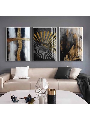 Harikabirev Harikabirev|gold-Siyah Soyut Yaprak Kombini|çerçeveli Cam Tablo  3lü Dikey