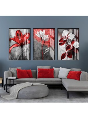Harikabirev Harikabirev|kırmızı-Gri Soft Çiçek Kombini |çerçeveli Cam Tablo  3lü Dikey