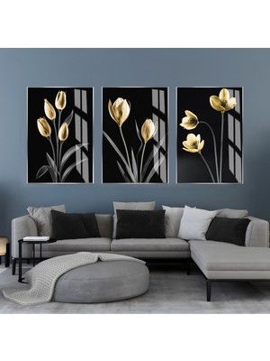 Harikabirev Harikabirev|siyah-Sarı Çiçekli Kombin Seti |çerçeveli Cam Tablo  3lü Dikey