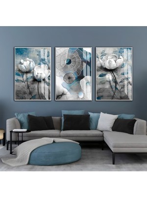 Harikabirev Harikabirev|gri-Mavi Soyut Çiçek Kombini |çerçeveli Cam Tablo  3lü Dikey