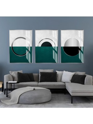 Harikabirev Harikabirev|gümüş-Turkuaz Soyut Kombini|çerçeveli Cam Tablo  3lü Dikey