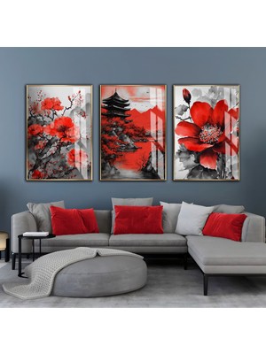 Harikabirev Harikabirev|kırmızı-Gri Çiçek Manzara Kombini |çerçeveli Cam Tablo  3lü Dikey