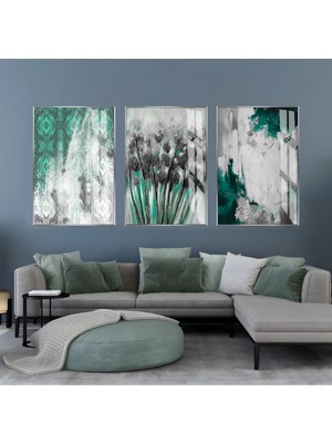 Harikabirev Harikabirev|gri-Yeşil Soyut Desen Çiçek Kombini|çerçeveli Cam Tablo  3lü Dikey