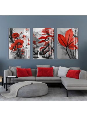Harikabirev Harikabirev|kırmızı-Gri Çiçek Yaprak  Kombini |çerçeveli Cam Tablo  3lü Dikey