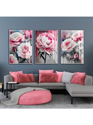 Harikabirev Harikabirev|pembe-Gri Çiçekler Kombini|çerçeveli Cam Tablo  3lü Dikey