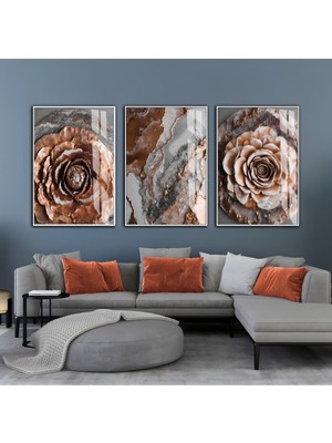 Harikabirev Harikabirev|bronz-Gri Soyut Çiçek Kombini|çerçeveli Cam Tablo  3lü Dikey